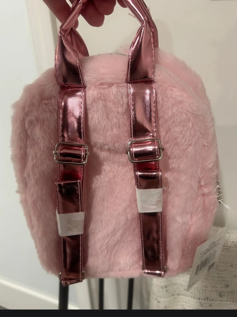 Disney Pink Faux Fur Minnie Mouse Kids Backpack with Sequin Bow Bundle